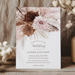 Boho Dusty Rosa Brown Blommigt Pampas Grass Bröllo Inbjudningar