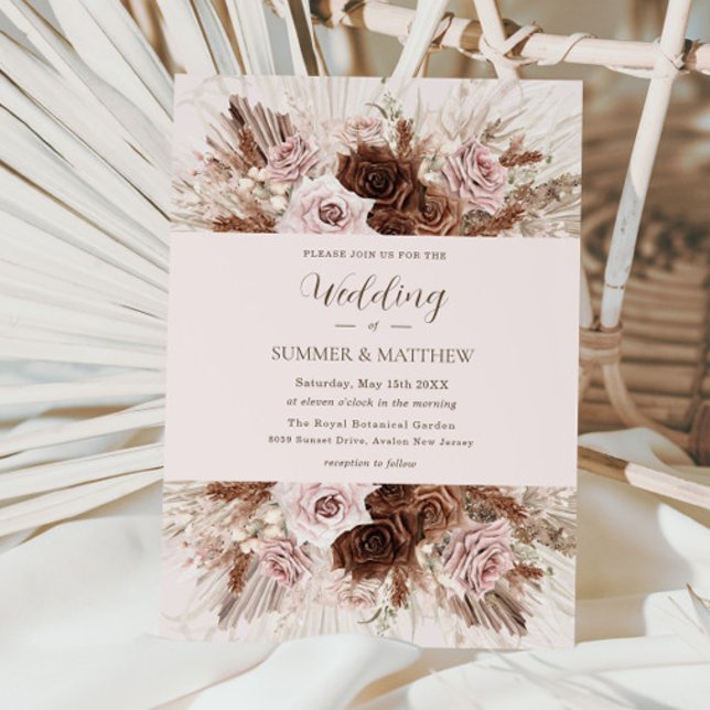 Boho Dusty Rosa Brown Flowers Pampas Grass Bröllop Inbjudningar (Skapare uppladdad)