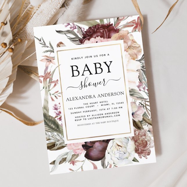 Boho Dusty Rosa Burgundy Baby Shower-inbjudan Inbjudningar (Skapare uppladdad)
