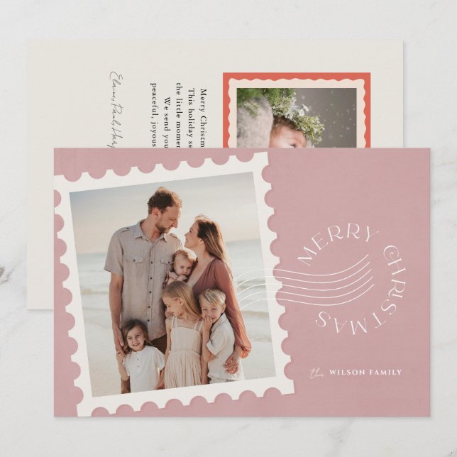 Boho Dusty Rosa Frimärke 2 Fotojul Julkort (Fram/baksida)