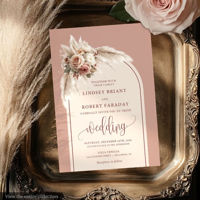 Boho Dusty Rosa Pampas Blommigt bröllopsinbjudan Inbjudningar (Boho Dusty Pink Pampas Floral Wedding Invitation)
