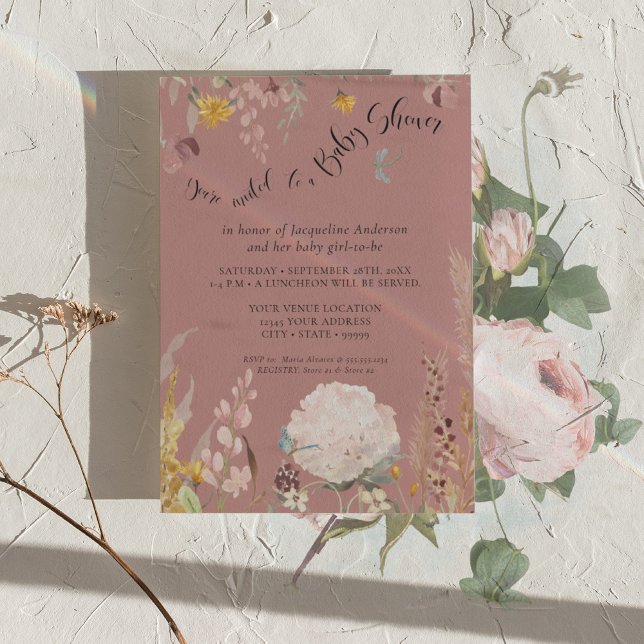 BOHO Dusty Rosa Watercolor Blommigt Butterfly Baby Inbjudningar (Skapare uppladdad)