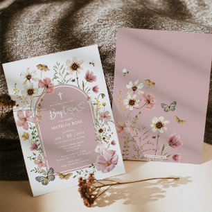 Boho Dusty Rosa Wildblomme Meadow Baptism Inbjudningar