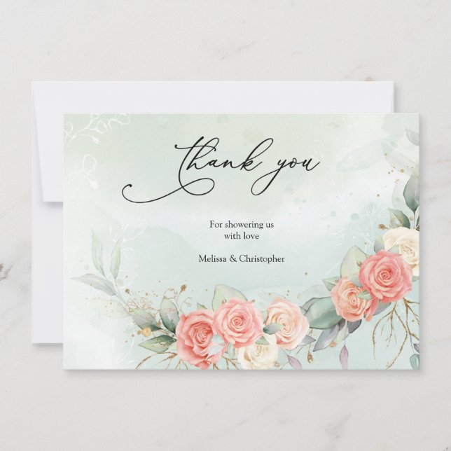 Boho Dusty Rose Greenery och Guld Baby Shower Tack Kort (Framsida)