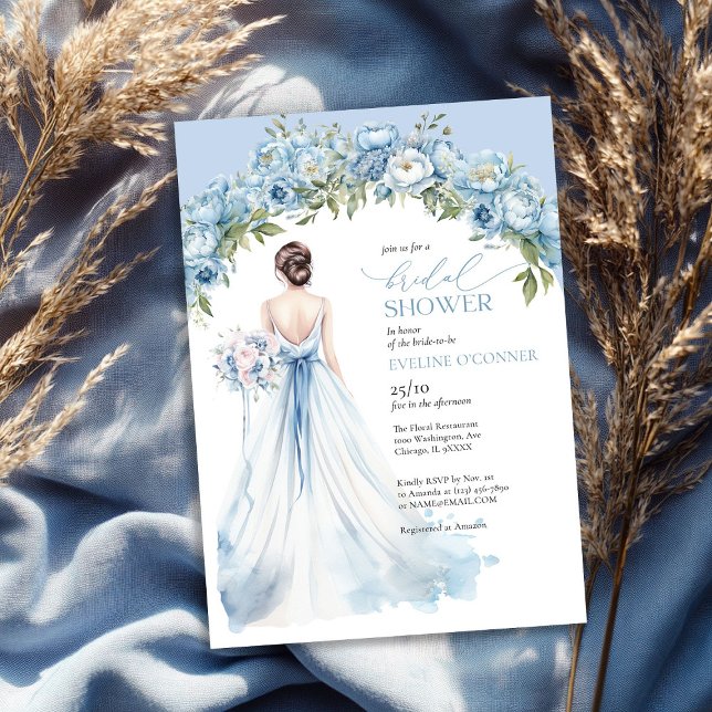 Boho dusty spp. inbjudningar (Boho dusty blue peonies wedding gown greenery invitation)