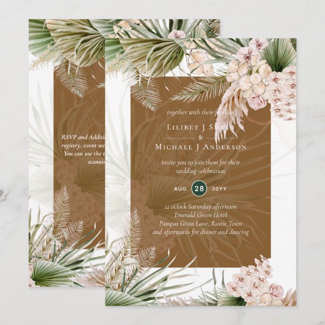 BOHO Earth Färg Pampas Grass Bröllop Inbjudningar (Fram/baksida)