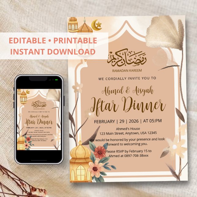 Boho Earthy Blommig Iftar-fest Invitation Inbjudningar (Skapare uppladdad)