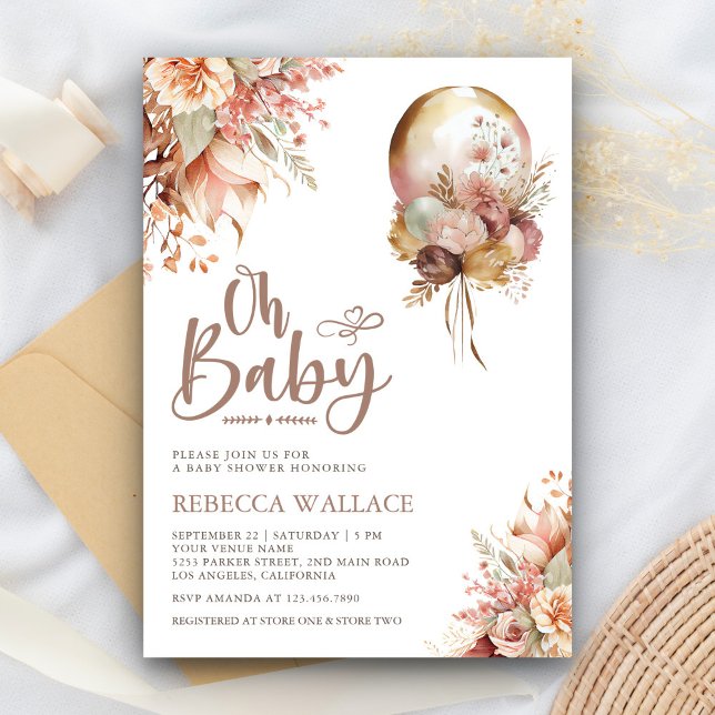 Boho Earthy Blommigt Balloon Girl Baby Shower Inbjudningar (Skapare uppladdad)