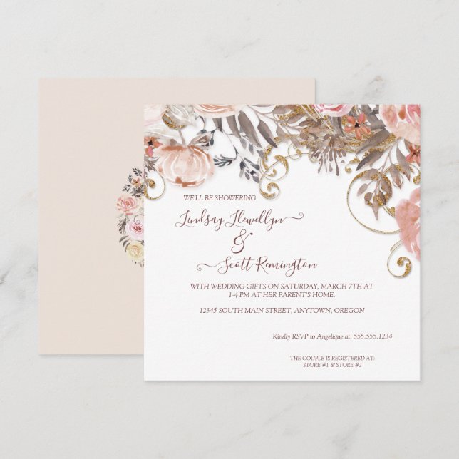 Boho Earthy Blommigt Rosa ros Guld Par Shower Inbjudningar (Fram/baksida)