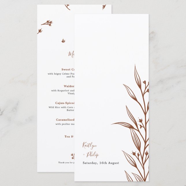 Boho Earthy Botanical Elegant Ivory Bröllop Meny (Fram/baksida)