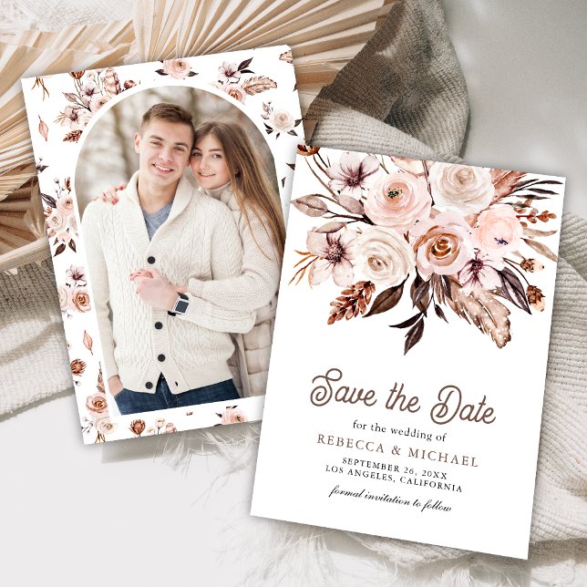 Boho Earthy Elfenbensvitt Blommig Foto Bröllop Spara Datumet (Skapare uppladdad)