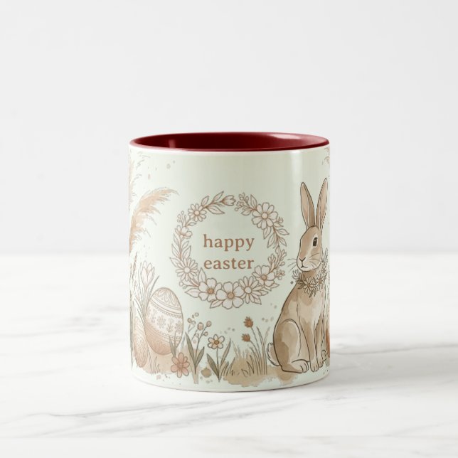 Boho Easter Bunny with Floral Wreath Illustration Två-Tonad Mugg (Center)