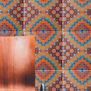 Boho Eclectic Kaleidoscopic Mosaic Hip Teal Ochre Kakelplatta