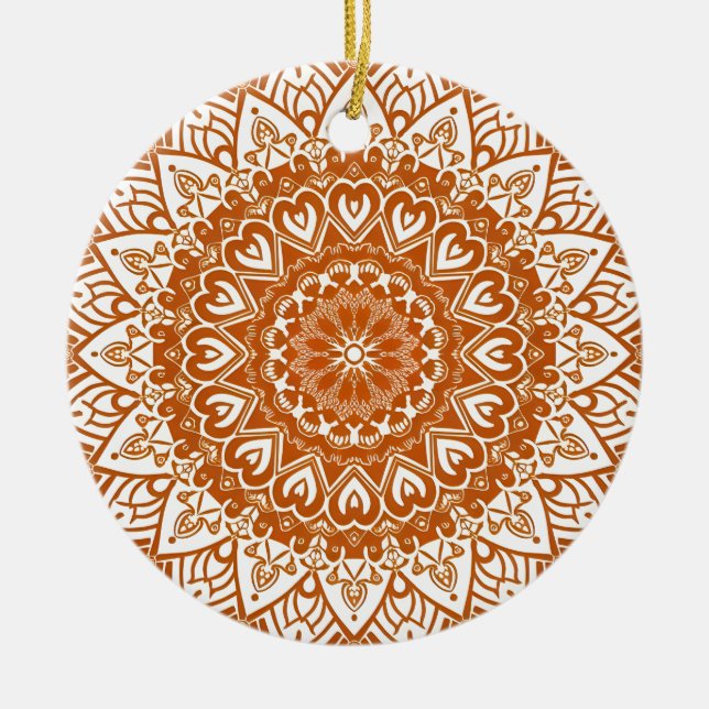 Boho Eclectic Tibetan Inspired Orange Mandala Julgransprydnad Keramik (Framsidan)