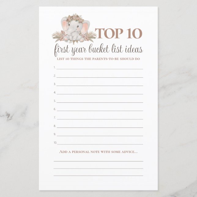 Boho Elefant Bucket List Baby Shower-spel (Framsida)