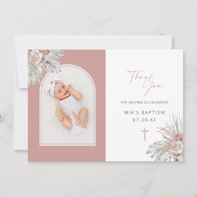 Boho Elegant Blommigt Arch Photo Baptism Tack Kort (Framsida)