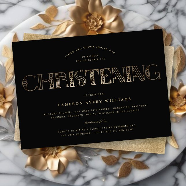 Boho Elegant Chic Guld/Svart Dop Religiös Inbjudningar (Boho Elegant Chic Gold/Black Christening Religious Invitation @ fat_fa_tin)