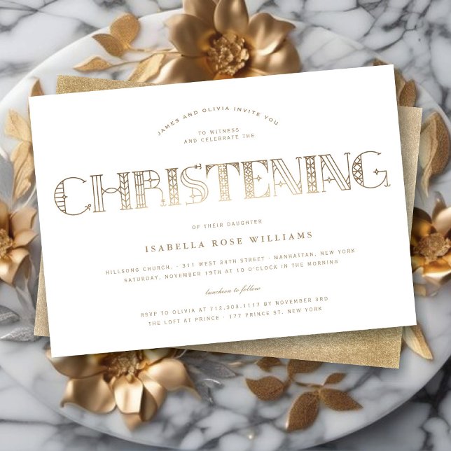 Boho Elegant Classy Guld/White Snyggt Christening Inbjudningar (Boho Elegant Classy Gold/White Stylish Christening Religious Invitation @ fat_fa_tin)