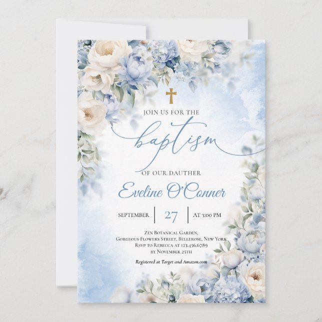 Boho Elegant Dusty Blue och Ivory Flowers Baptism Inbjudningar (Framsida)