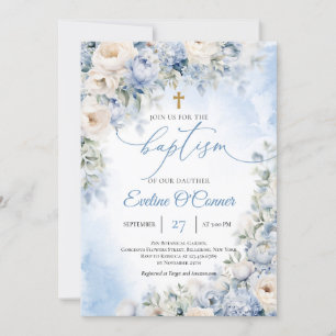 Boho Elegant Dusty Blue och Ivory Flowers Baptism Inbjudningar