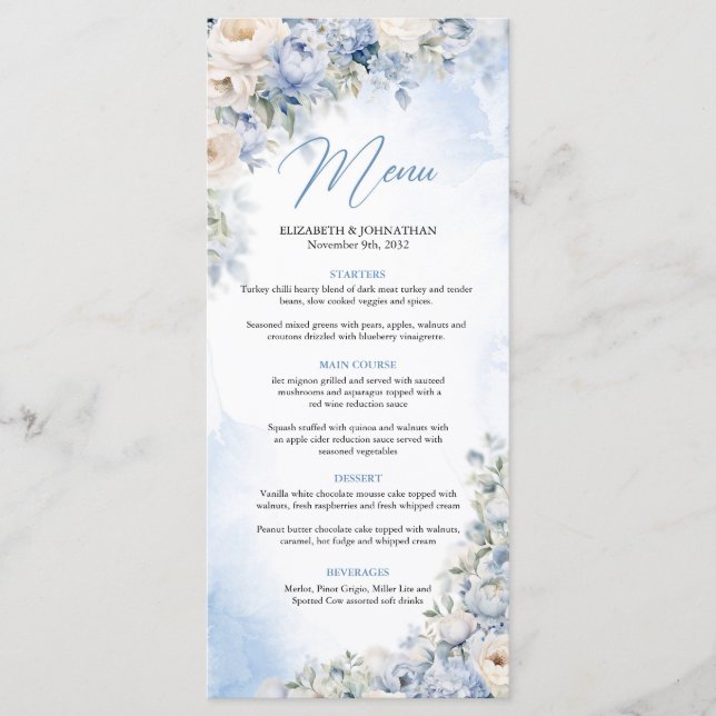 Boho Elegant Dusty Blue och Ivory Flowers Middag Meny (Framsida)
