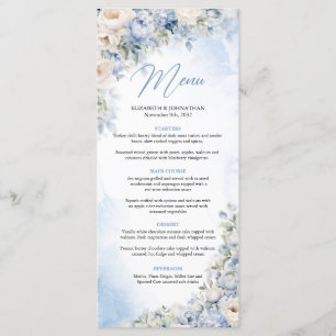 Boho Elegant Dusty Blue och Ivory Flowers Middag Meny