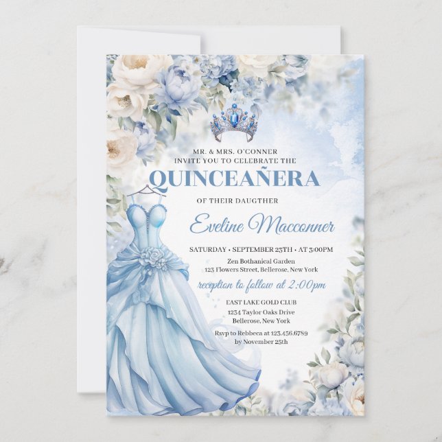 Boho Elegant Dusty Blue och Ivory Flowers Tiara Inbjudningar (Framsida)