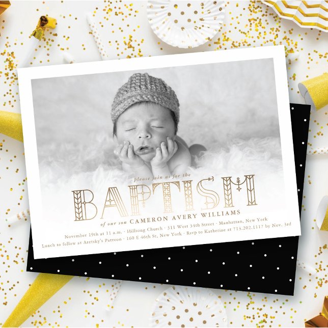 Boho Elegant Faux Gold Foil Snyggt Baptism Photo Inbjudningar (Boho Elegant Faux Gold Foil Stylish Chic Modern Baptism Religious Photo Invitation @ fat_fa_tin)
