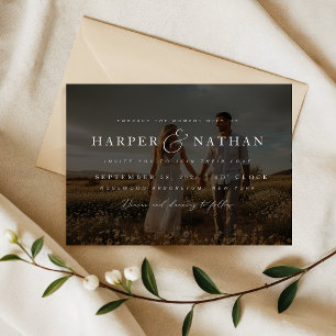Boho Elegant Fotoöverlägg RSVP QR-kod Bröllop Inbjudningar