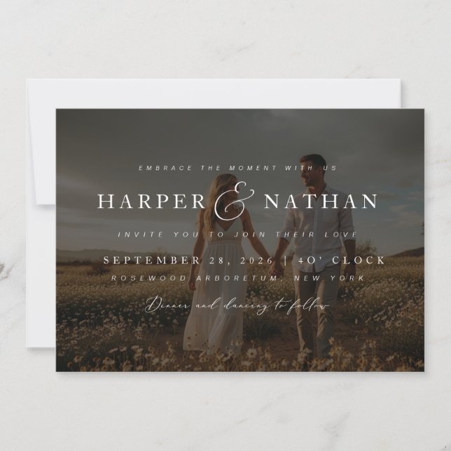 Boho Elegant Fotoöverlägg RSVP QR-kod Bröllop Inbjudningar (Framsida)