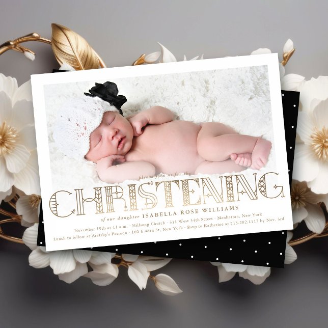 Boho Elegant Gold Foil Christening Photo Inbjudan (Boho Elegant Faux Gold Foil Stylish Chic Modern Christening Religious Photo Invitation @ fat_fa_tin)