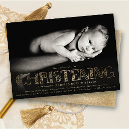 Boho Elegant Gold Foil Christening Photo Inbjudan