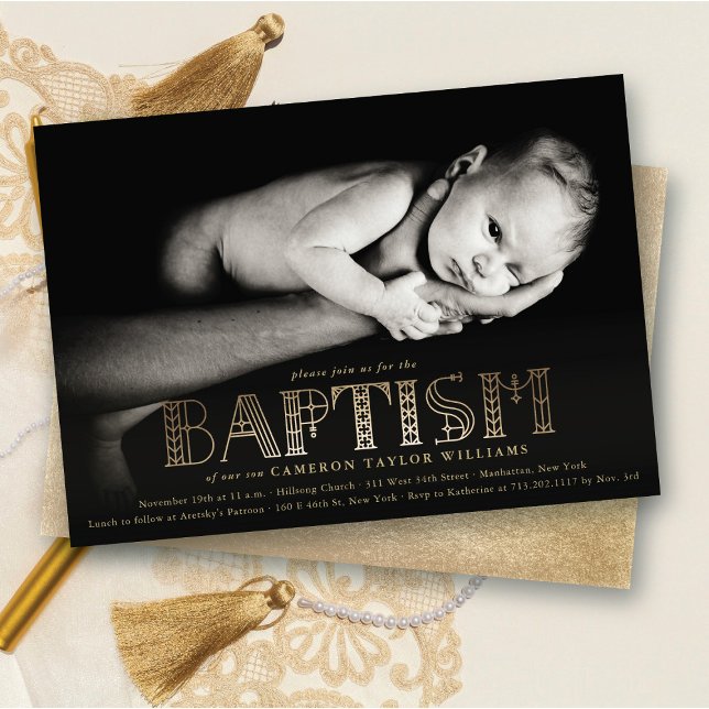 Boho Elegant Gold Foil Snyggt Chic Baptism Photo Inbjudningar (Boho Elegant Faux Gold Foil Stylish Chic Modern Baptism Religious Photo Invitation @ fat_fa_tin)
