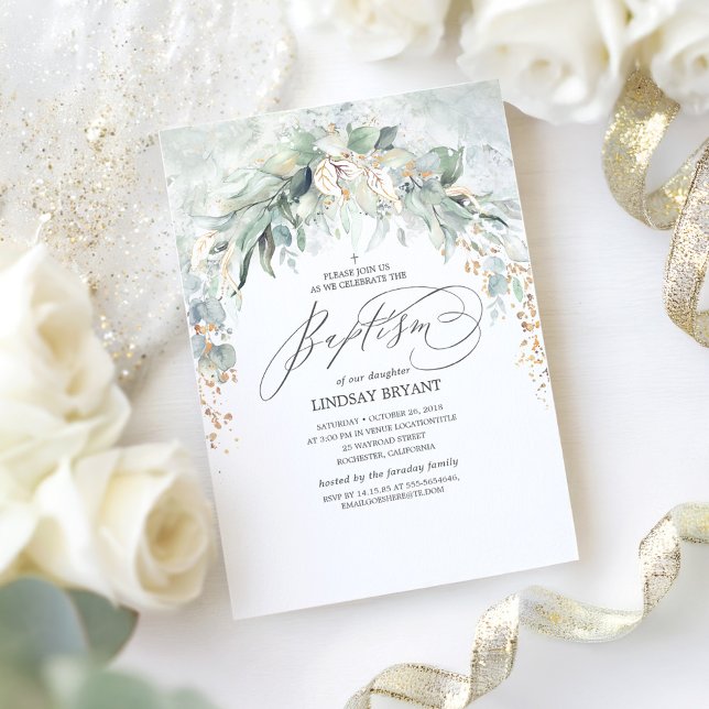 Boho Elegant Guld Glitter Greenery Baptism Inbjudningar (Greenery Arch Baptism Invitation)