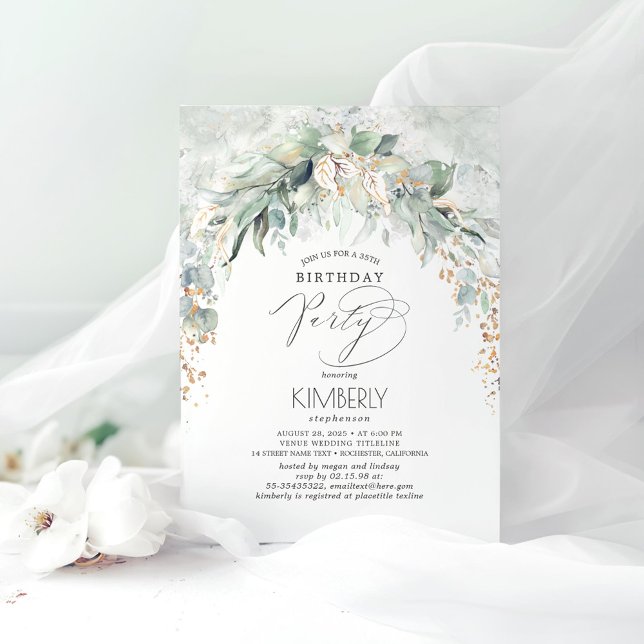 Boho Elegant Guld Glitter Greenery Birthday Inbjudningar (Greenery Romantic Birthday Invitations)