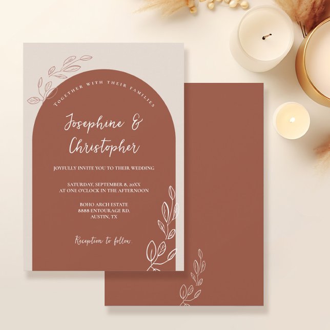 Boho Elegant Löv Terracotta Burnt Orange Arch Inbjudningar (Boho elegant Arch leaf details terracotta burnt orange unique wedding invitation)
