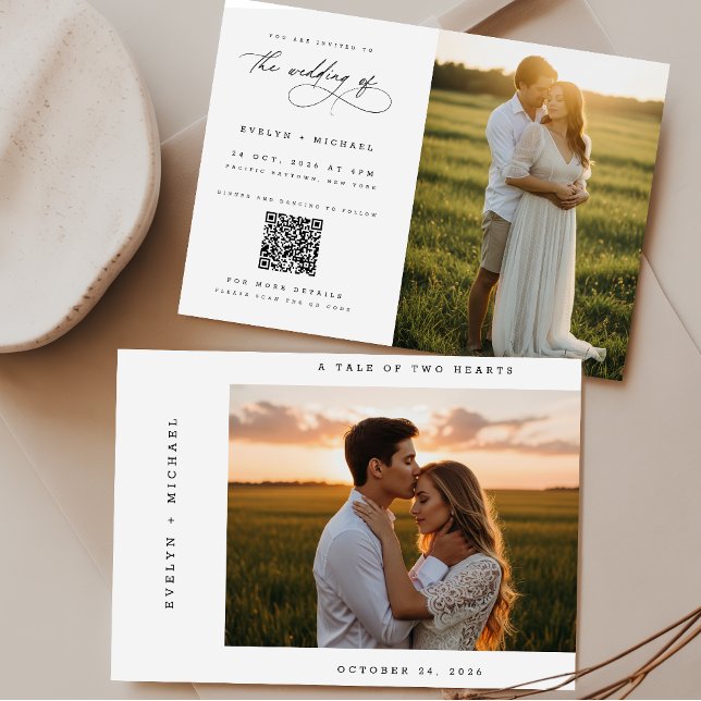 Boho Elegant Script QR-kod Foto Budget Bröllop Inbjudningar (Skapare uppladdad)