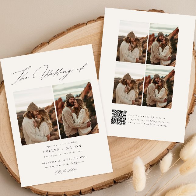 Boho Elegant Script QR-kod Foto Budget Bröllop Inbjudningar (Skapare uppladdad)