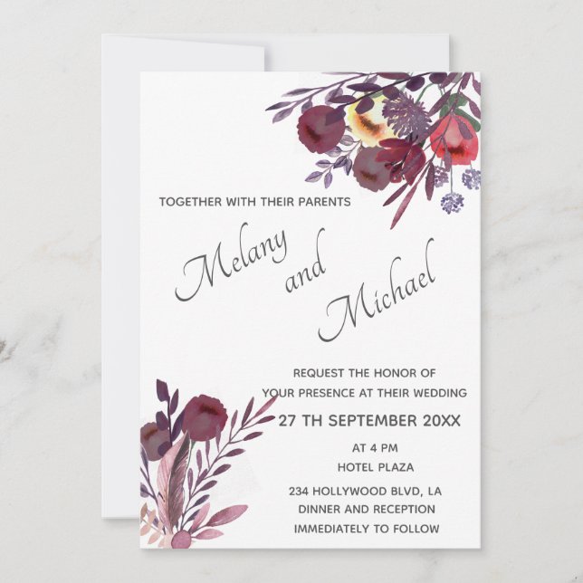 Boho elegant vattencolor romantic blommigt bouquet inbjudningar (Framsida)