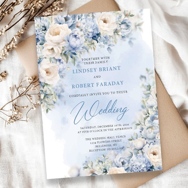 Boho Elegant vinterdammblått och elfenben Inbjudningar (Boho blue winter flowers greenery and gold wedding invitation digital)