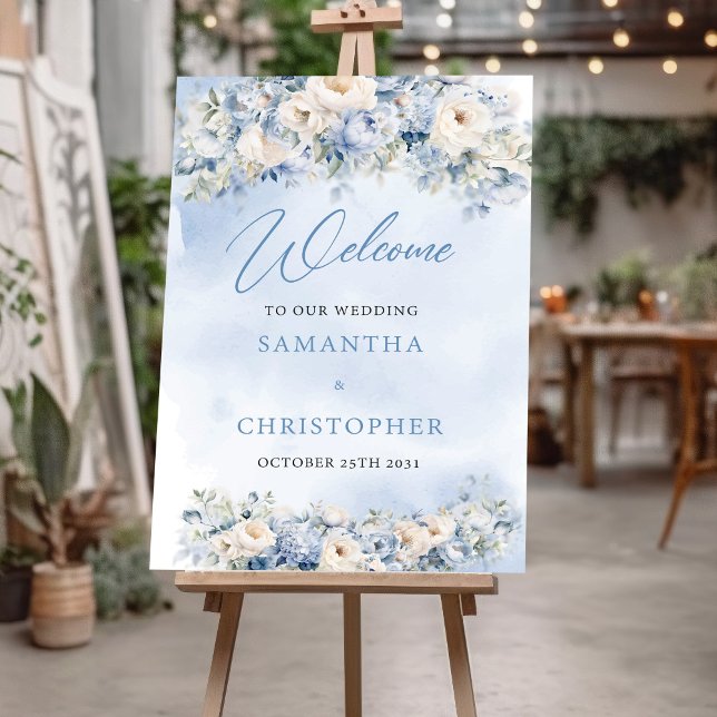 Boho Elegant vinterdammblått och elfenben Poster (Boho blue winter flowers sage greenery wedding welcome sign poster)