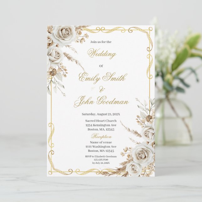 Boho elegant vit blombröllop inbjudningar (Stående Fram)