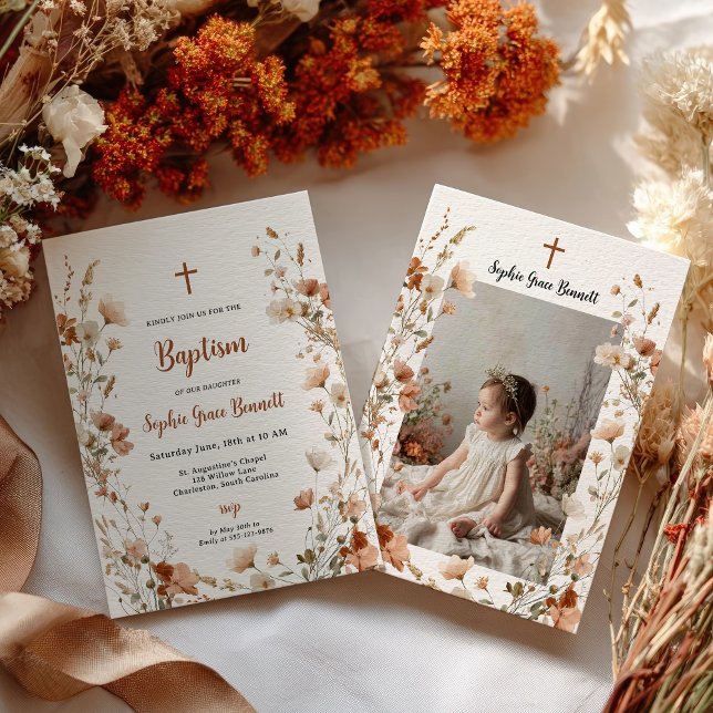Boho elegant Wildblomdusty Ro Photo Baptism Inbjudningar (Boho elegant Wildflower Dusty Rose Photo Baptism Invitation)
