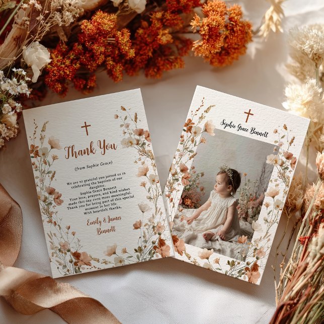 Boho elegant Wildblomdusty Ro Photo Baptism Tack Kort (Boho elegant Wildflower Dusty Rose Photo Baptism Thank You Card)