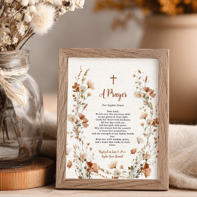 Boho elegant WildblommDusty Ro Baptism Prayer Poster (Boho elegant Wildflower Dusty Rose Baptism Prayer Poster)