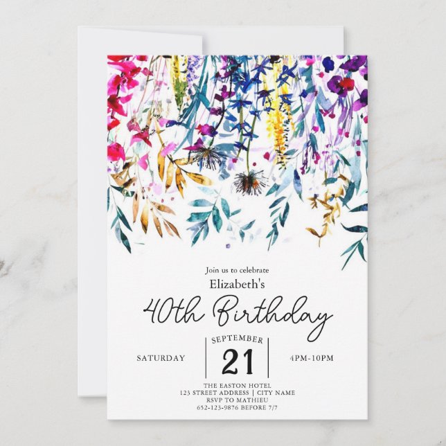 Boho Elegant Wildbloms 40-årsdag Inbjudningar (Framsida)