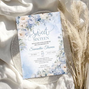 Boho Elegant Winter Dusty Blue och Ivory Flowers Inbjudningar