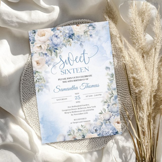 Boho Elegant Winter Dusty Blue och Ivory Flowers Inbjudningar (Boho Elegant Winter Dusty Blue and Ivory Flowers Invitation)