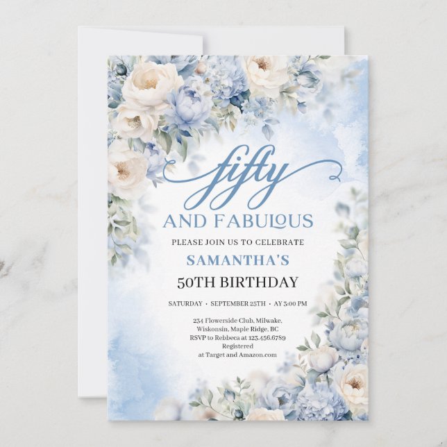 Boho Elegant Winter Dusty Blue och Ivory Flowers Inbjudningar (Framsida)
