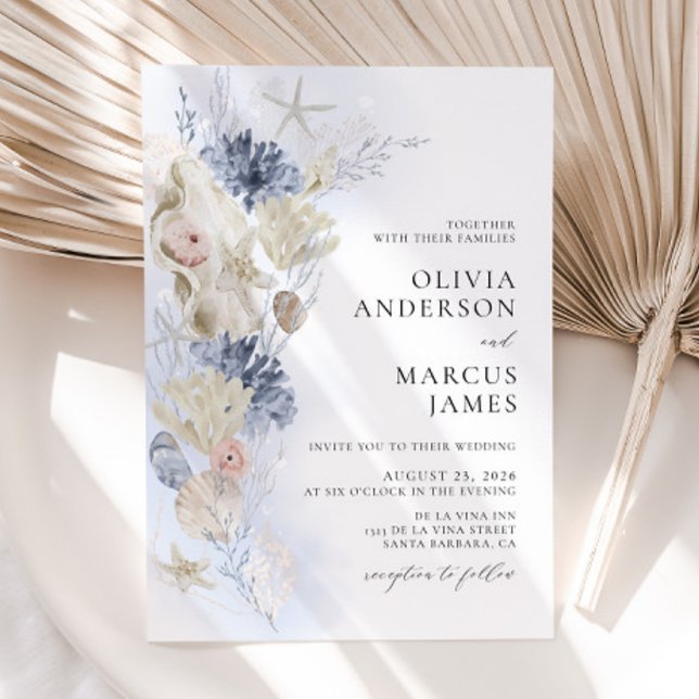 Boho-Eleganten om inbjudan till Beach Blue Wedding (Front)